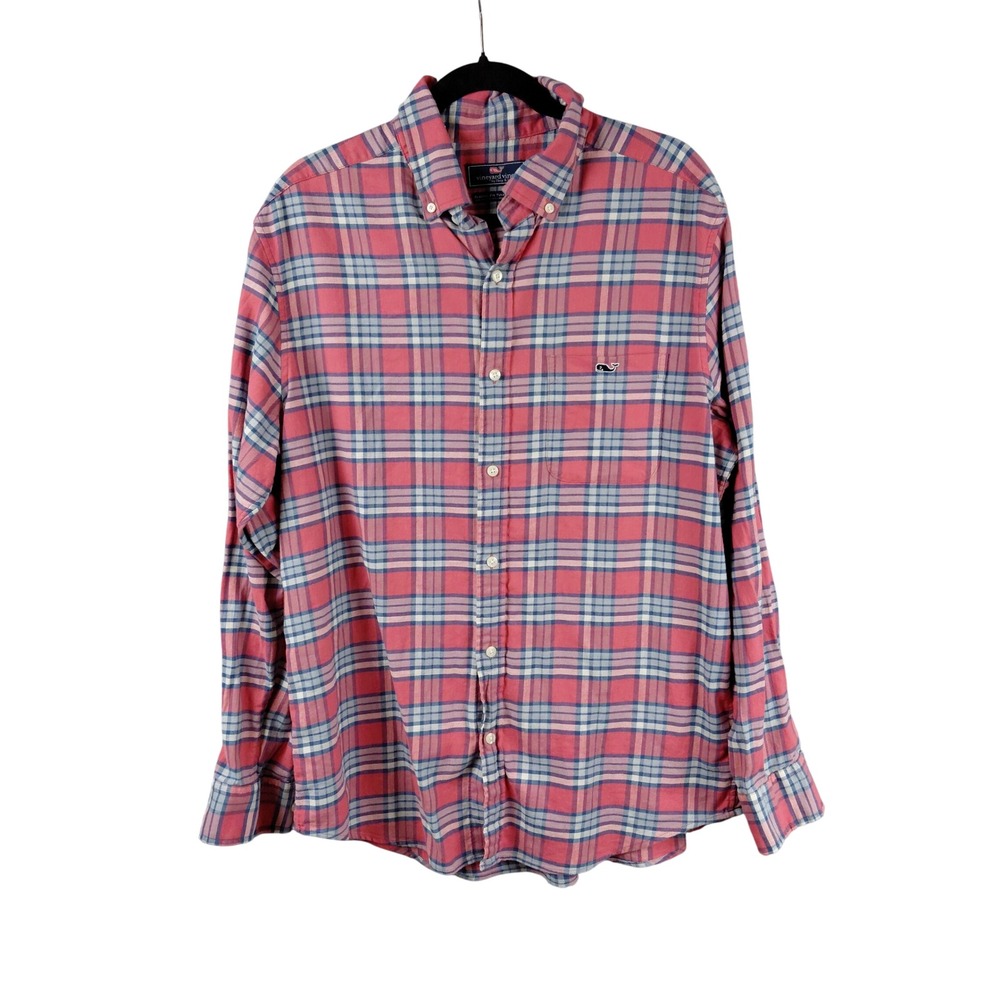 Vineyard Vines Mens Pink Blue Plaid Cotton Linen Tucker Shirt Classic‎ Fit Large